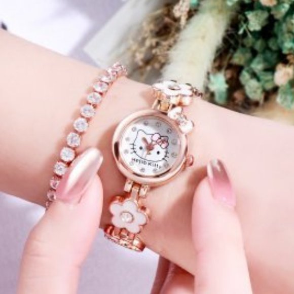 Hello Kitty Watch Quartz Pink Flower Chain Band - Picture 4 of 7